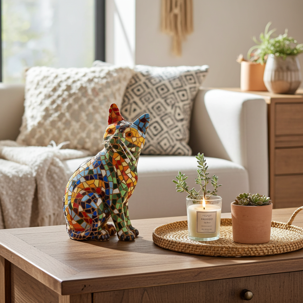 Gaudí Style Mosaic Sitting Cat Statue – Barcino